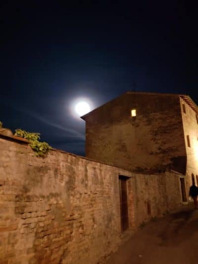 Moon over brick wall & brick building