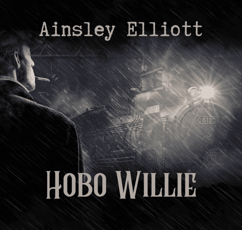 man standing in the rain at night smoking a cigarette and looking at a train