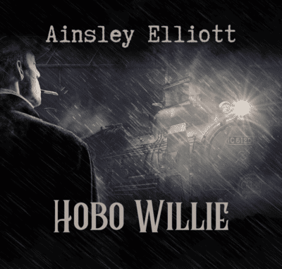 man standing in the rain at night smoking a cigarette and looking at a train