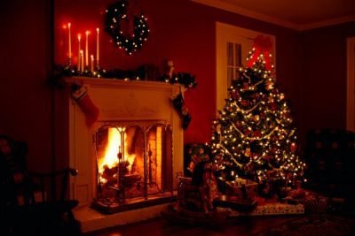 Christmas tree, fireplace, nighttime