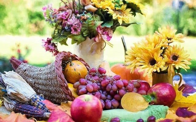 Image of an autumn cornucopia full of fruits and decorated with flowers. Cornucopia is a sweet fantasy poem about an animal Thanksgiving.