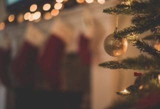 closeup photo of baubles on a Christmas tree