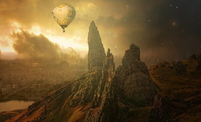 Image of a smoke filled dystopian world with a person surviving in a hot air ballon.