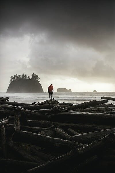 Man standing on a beach with logs stacked all over haphazardly looking toward the sea in a red jacket. A gloomy sky and island is in the background.