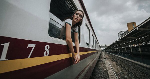 A girl on a moving train