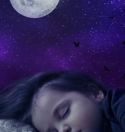 scene of little girl sleeping beneath the moon