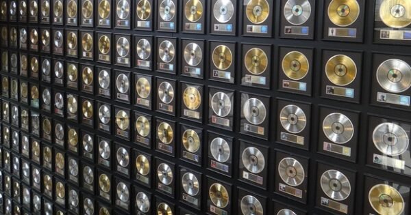 A wall of platinum and gold records.