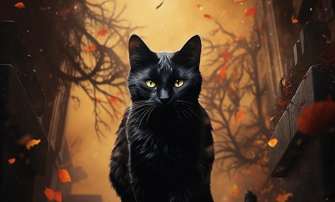 black cat in a fall background