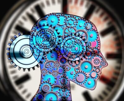 the clockwork of the mind, with a ticking clock behind the person