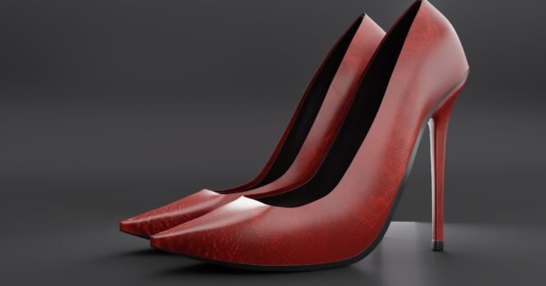 A pair of red leather high-heeled pumps