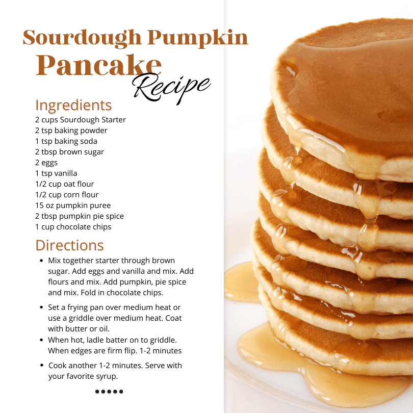 recipe card for sourdough pumpkin pancakes