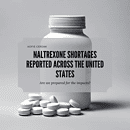 A white bottle of pills surrounded by white tablets with the text "Naltrexone Shortages Reported Across The United States - Are we prepared for the impacts?" over a white background.