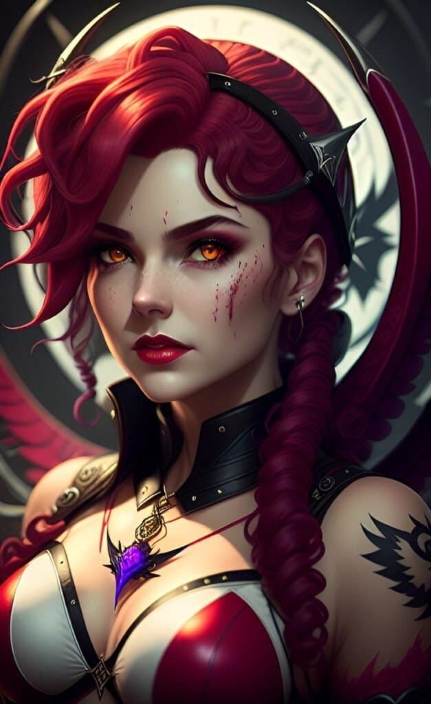 A red-headed woman with amber eyes and scratches on her face. she is the goddess Lilith and is wearing a tight fitting outfit.