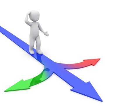 Figure is standing on a blue arrow that also has a red arrow to the left and a green arrow to the right. They are contemplating which path to follow