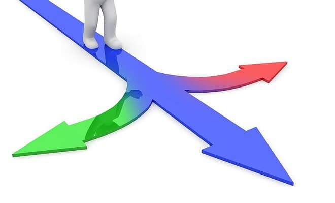 Figure is standing on a blue arrow that also has a red arrow to the left and a green arrow to the right. They are contemplating which path to follow