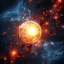 A red sun flares fiercely, sending off bits of red-hot stellar matter across a backdrop of dark space set with blue nebulous gasses