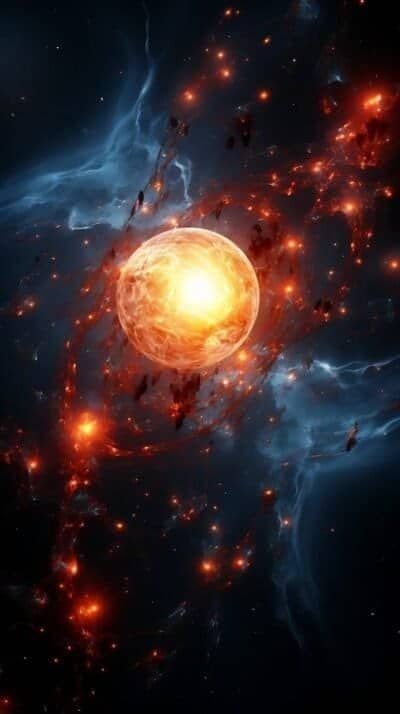 A red sun flares fiercely, sending off bits of red-hot stellar matter across a backdrop of dark space set with blue nebulous gasses