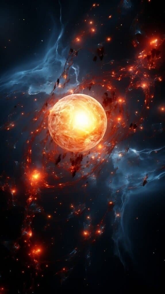 A red sun flares fiercely, sending off bits of red-hot stellar matter across a backdrop of dark space set with blue nebulous gasses