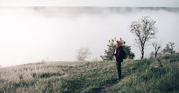 A woman gazing upon the fog in forest