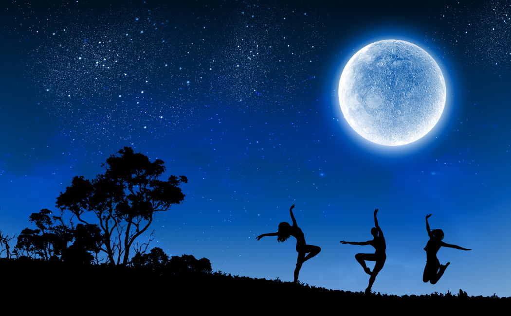 Three figures dancing beneath a full moon in a starry sky