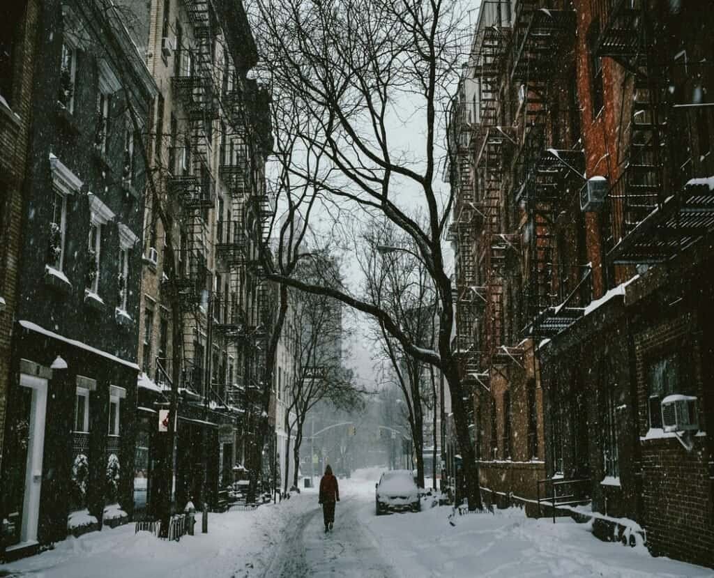 A street blanketed with snow between two buildings and one tree. A single bundled up person is shown.