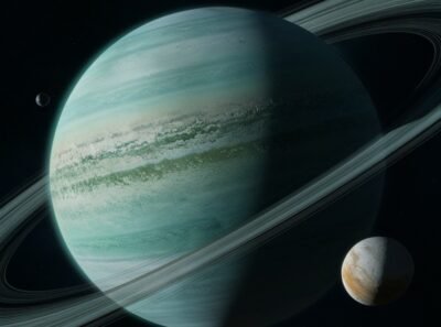 A planet banded by swirling blue and white clouds is encircled by a vast ring system and orbited by a small, golden moon