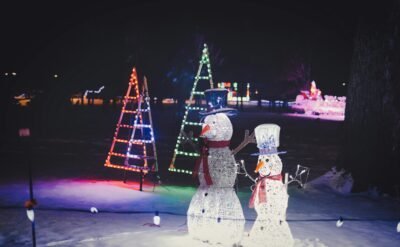 Christmas decorations light up a yard at night. Two wire snowmen wear top hats and red scarves with red, blue, and green open-designed Christmas trees behind them.