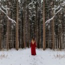 Woman in a long red dress standing in front of a snowy forest