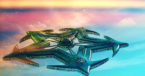 A star-shaped space station with a spherical hub at the center floats in a pastel nebula