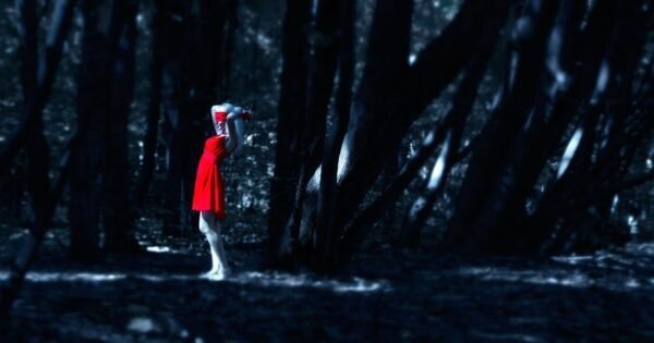 A woman in a red dress within a dark forest landscape