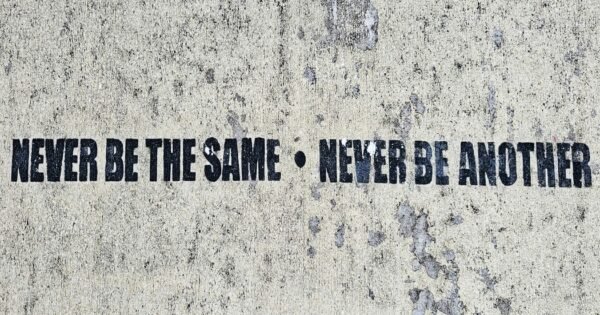 A gray and white background with black block letters reading Never be the same Never be Another