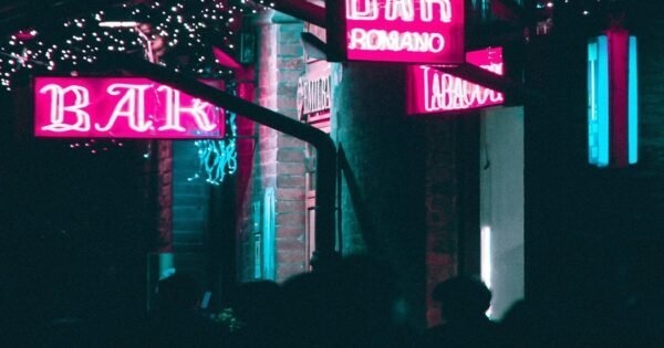 A dark bar with shadows of people and two pink neon signs that read bar.
