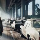 A lone woman walking among a busy and deserted highway