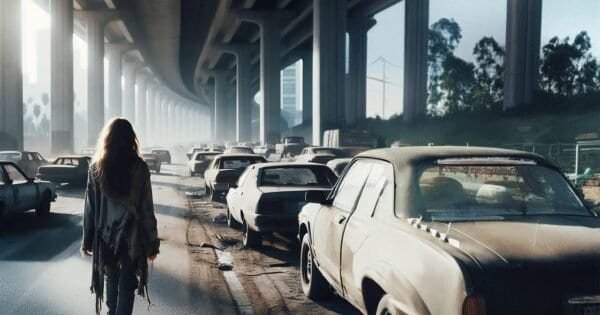 A lone woman walking among a busy and deserted highway