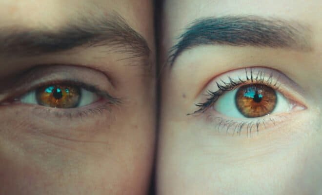 A man's left eye and a woman's right eye side by side.