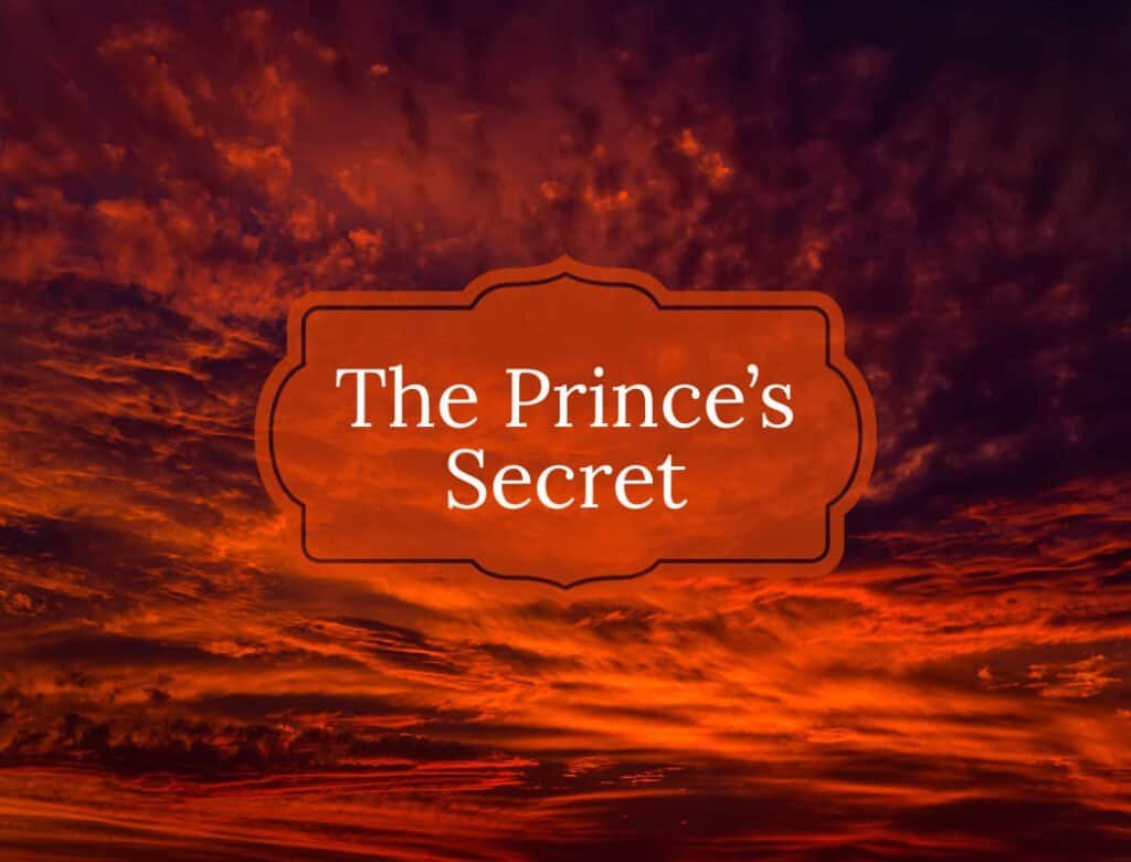 Dark red and orange sunset sky with dramatic, swirling clouds. In the center, a decorative red-orange label with the title 'The Prince’s Secret' in white serif font.