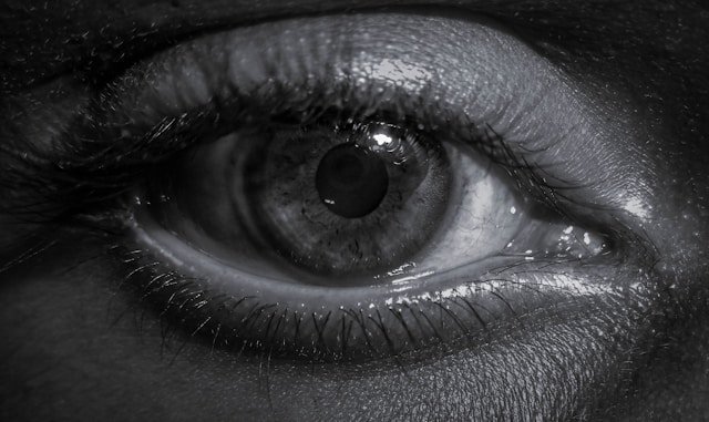 Close up black and white photo of eye