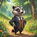 cartoon badger, wearing a waistcoat and glasses, standing in the forest, on a dirt path with grass, flowers, and trees.