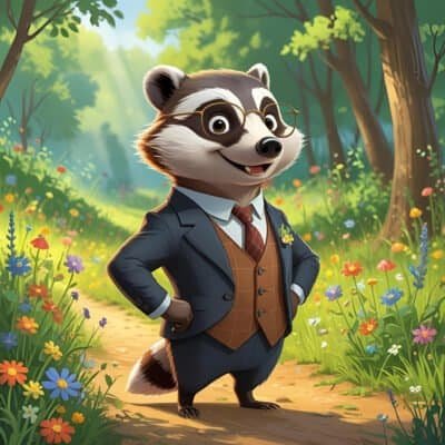 cartoon badger, wearing a waistcoat and glasses, standing in the forest, on a dirt path with grass, flowers, and trees.