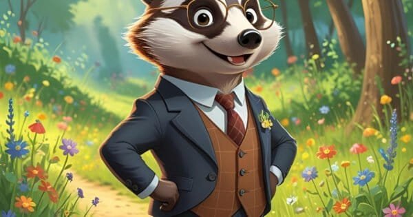 cartoon badger, wearing a waistcoat and glasses, standing in the forest, on a dirt path with grass, flowers, and trees.