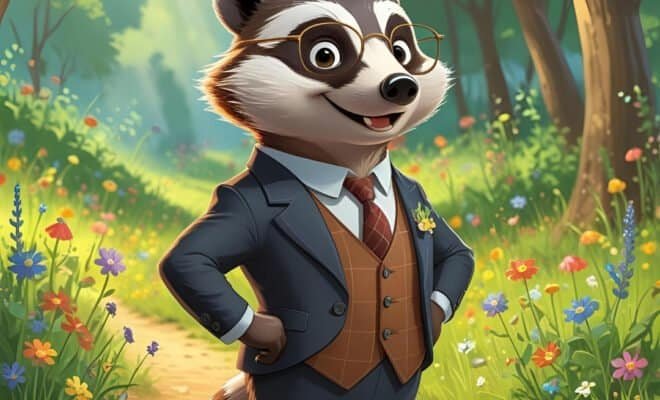 cartoon badger, wearing a waistcoat and glasses, standing in the forest, on a dirt path with grass, flowers, and trees.