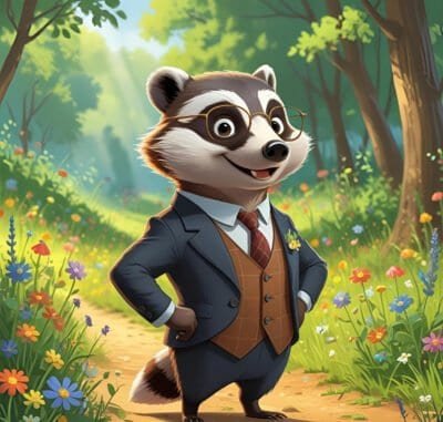 a badger cartoon character dressed in a suit and tie with his hands on his hips
