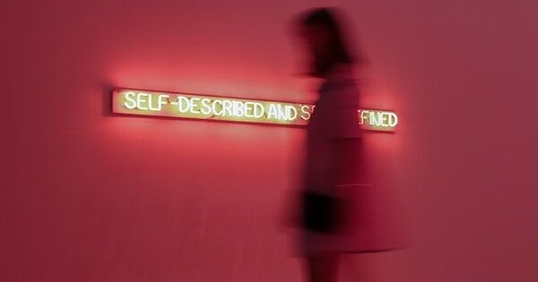 Pink background and woman standing next to the words self-described and self-defined