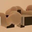 Computer generated abstract image of beige and brown 3D objects that resemble plywood.