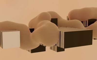 Computer generated abstract image of beige and brown 3D objects that resemble plywood.
