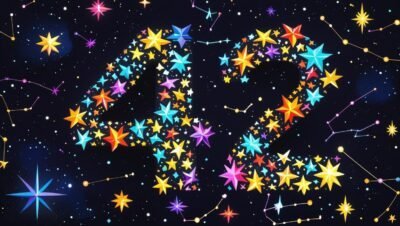 Colorful cartoon stars form the number 42 across a celestial background.