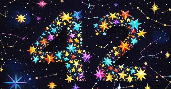 Colorful cartoon stars form the number 42 across a celestial background.