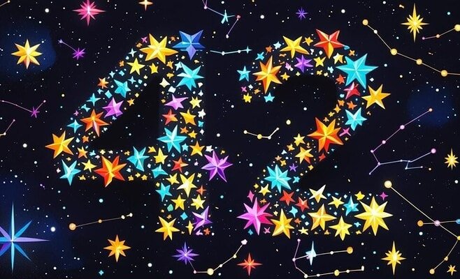 Colorful cartoon stars form the number 42 across a celestial background.