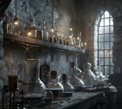 Rows of archaic spell bottles line shelves leading to a castle window