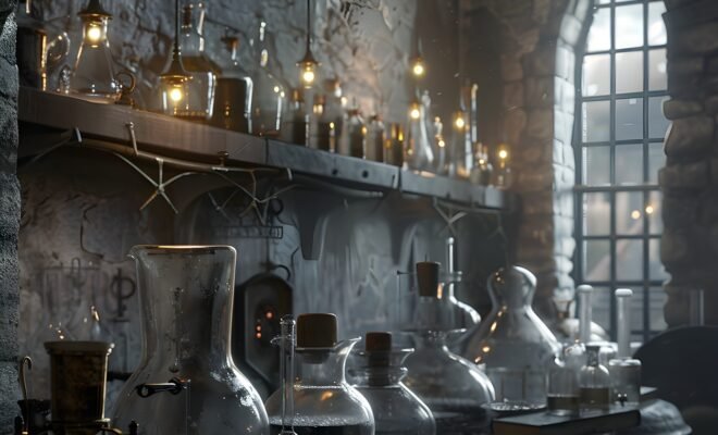 Rows of archaic spell bottles line shelves leading to a castle window
